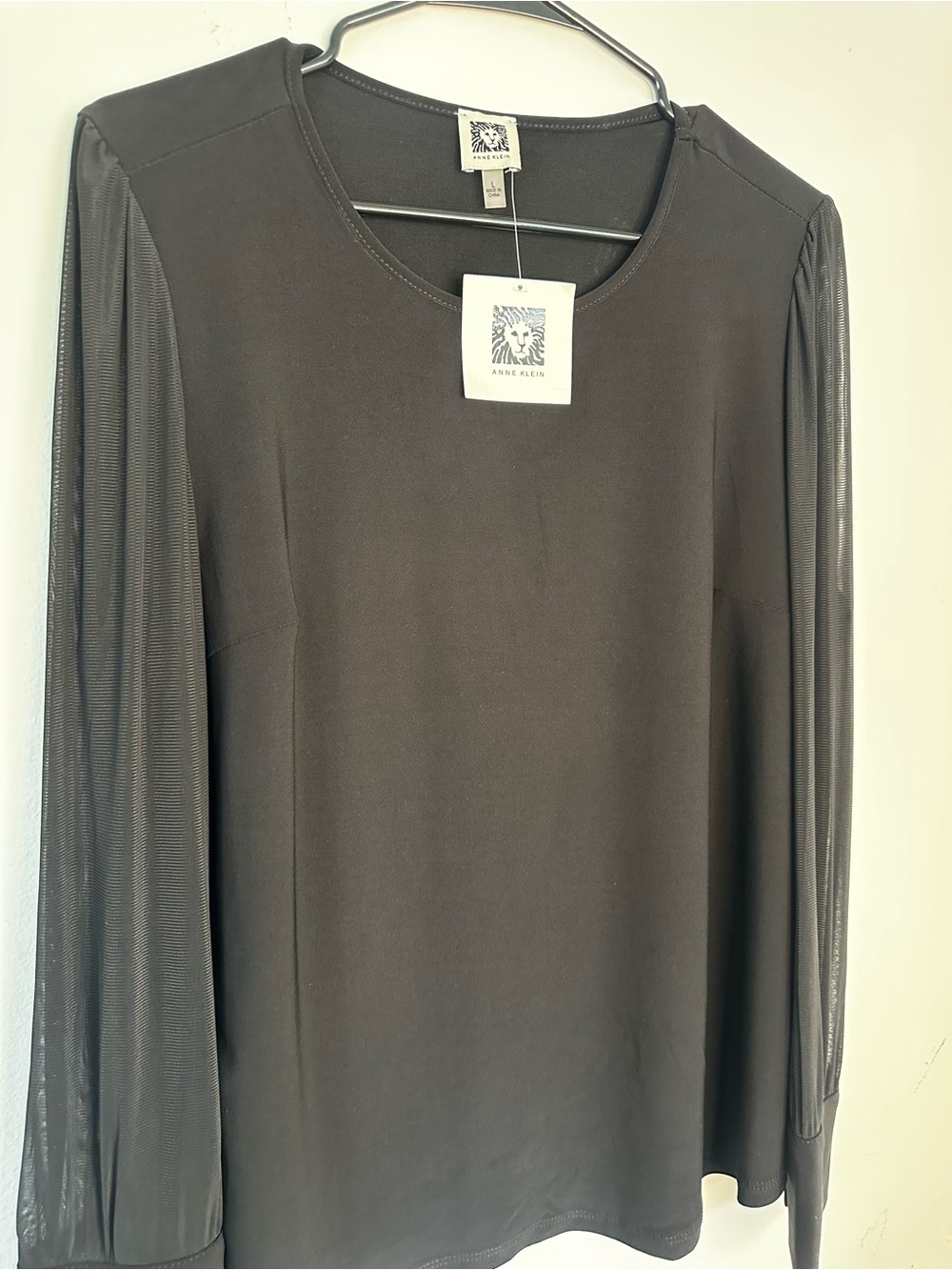 Anne Klein Black Long Sleeve Top with Sheer Mesh Sleeves